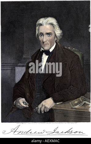 Il presidente statunitense Andrew Jackson seduto e la sua firma. Colorate a mano l'incisione Foto Stock