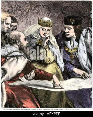 Columbus spiegare una mappa per il re Ferdinando e la regina Isabella di Spagna. Colorate a mano la xilografia Foto Stock