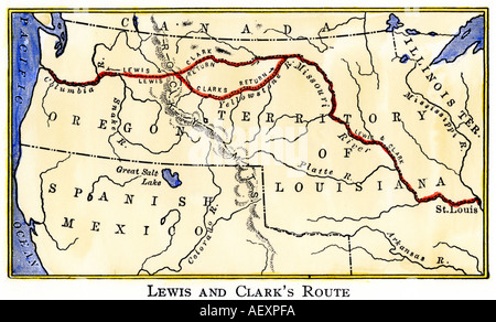 Mappa di Lewis e Clark, strada che attraversa il territorio della Louisiana 1804 a 1806. Colorate a mano la xilografia Foto Stock