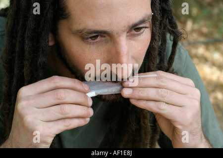 Hippy di preparare il rotolamento e fumare marijuana comune serie di foto Foto Stock