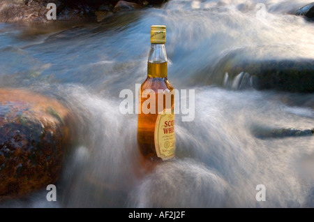 Scotch whisky bottiglia in acqua ghiacciata dalla Cairngorms nel masterizzare vicino a Braemar, Cairngorm National Park, Scotland, Regno Unito Foto Stock