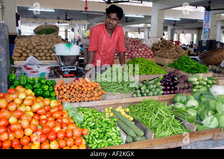 Ortaggi ordinatamente disposte da desiderosi ortolano e visualizzato per la vendita in uno stand nel nuovo mercato Margao Madgaon Goa in India Foto Stock