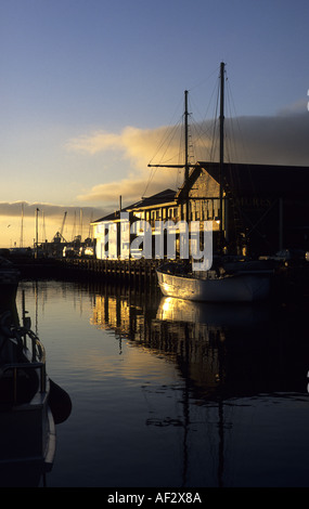 Victoria Dock e Mures ristorante di pesce all'alba, Hobart, Tasmania, Australia Foto Stock