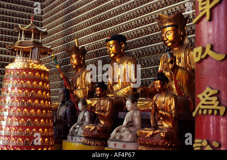 Statue di divinità e migliaia di altri più piccoli su scaffali in presso il Tempio dei Diecimila Buddha Shatin Hong Kong Foto Stock