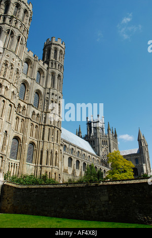 Cattedrale di Ely fronte Sud contro il cielo blu visto dal drammatico angolo Cambridgeshire Inghilterra Foto Stock