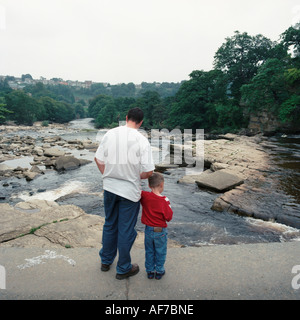 Vista da dietro del padre e figlio in piedi su causeway sopra Richmond cade sul fiume swale. North Yorkshire. In Inghilterra. Foto Stock