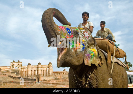 In orizzontale ampia angolazione di una mahout e il suo dipinto elefante indiano al Ambra Palace. Foto Stock