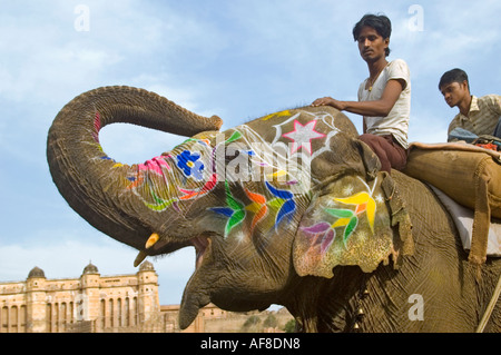 In orizzontale ampia angolazione di una mahout e il suo dipinto elefante indiano al Ambra Palace. Foto Stock