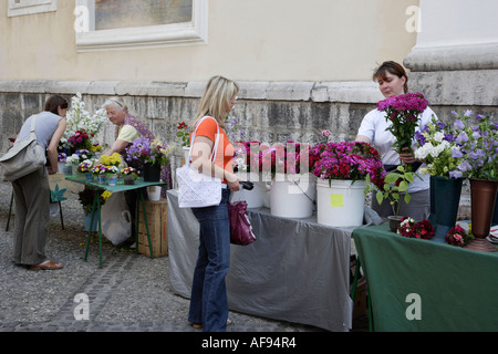 La Slovenia Ljubljana Vlodnik Piazza venditori di fiori nella parte posteriore della cattedrale di San Nicola Foto Stock