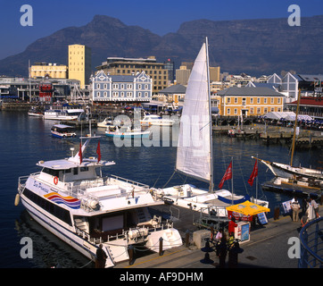 Yacht di lusso e incrociatori motorizzato attraccata al Victoria & Alfred Waterfront di Cape Town. Foto Stock