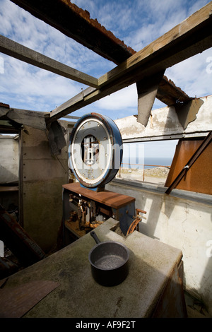 Interno della capanna a fianco di pese a ponte in corrispondenza di una cava abbandonata nel Galles del Nord che mostra il meccanismo e la faccia della macchina di pesatura Foto Stock