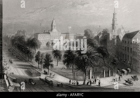 The Park And City Hall, New York, Stati Uniti. Da una stampa del 19th secolo incisa da S Lacey dopo W H Bartlett. Foto Stock