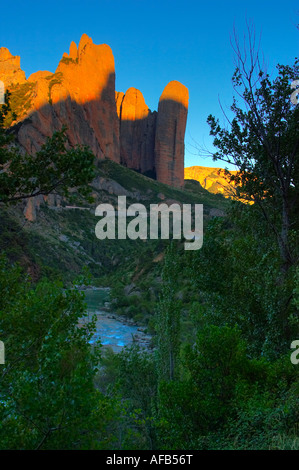 Vista de los Mallos de Riglos desde el Río Gállego. Vista Riglos Mallos dal fiume Gállego. Foto Stock