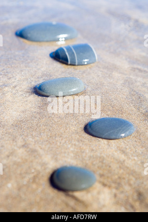 Pietre su di una spiaggia di sabbia Foto Stock