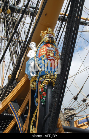 Prua e testa di figura, la famosa ammiraglia di Nelson, la vittoria di HMS, il cantiere storico, Portsmouth, Hampshire, Inghilterra, Regno Unito Foto Stock