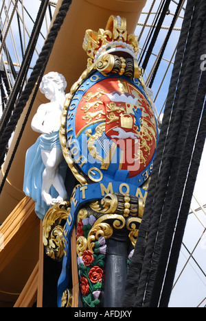 La prua e la polena, Nelson la famosa nave ammiraglia, HMS Victory, Historic Dockyard, Portsmouth, Hampshire, Inghilterra, Regno Unito Foto Stock