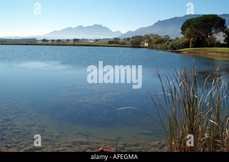 Helderberg e in lontananza le montagne Simonberg. Western Cape South Africa RSA. Paesaggio di acqua a Eikendal nr Stellenbosch Foto Stock