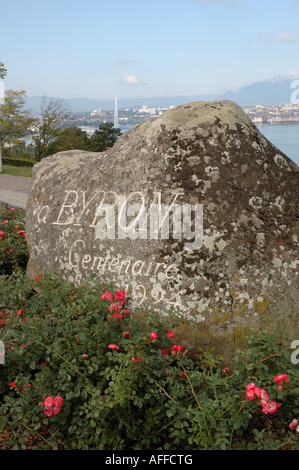 La dedizione al Lord Byron affacciato sul Lago di Ginevra, Svizzera Foto Stock