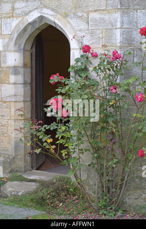 Lo stile gotico della porta in modo Chiddingstone Castle, Kent, Inghilterra. Foto Stock
