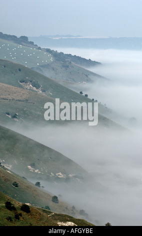 Vista nebbiosa da South Downs, Sussex, Regno Unito Foto Stock