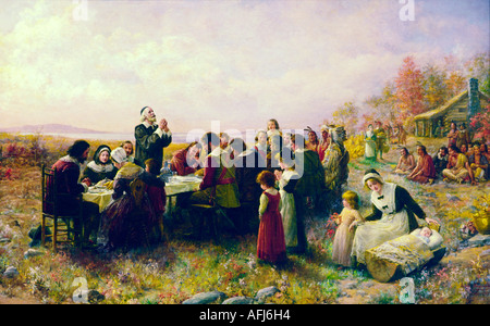 Il primo ringraziamento dipinto di Jennie Augusta Brownscombe. Padri Pellegrini a Plimouth Plantation, Massachusetts, STATI UNITI D'AMERICA Foto Stock