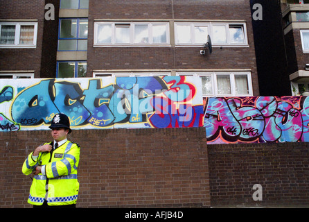 Poliziotto in servizio al di fuori del complesso residenziale nella zona ovest di Londra con graffitti parete in background. Foto Stock