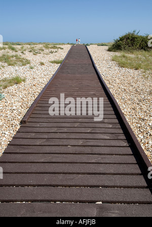 Un planked a piedi attraverso una parte di spiaggia Pagham West Sussex England costruito per un facile accesso e per proteggere le piante e wildlif Foto Stock