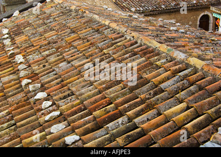 La sovrapposizione di muschi e licheni coperti di terracotta tegole del tetto vicino fino al passo di un tetto a Castelmola Italia sulla Sicilia Foto Stock