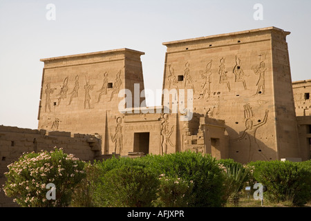 Il Tempio di Philae sorge su di un isola del lago Nasser e popolare è un giorno di viaggio da Aswan, Egitto Foto Stock