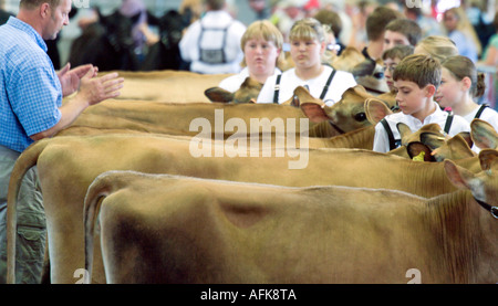 Indirizzamento di giudicare gli adolescenti con vacche Jersey a 2005 Wisconsin State Fair dairy concorrenza Milwaukee Wisconsin USA Foto Stock