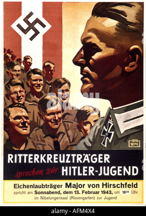 Nazismo / nazionalsocialismo, organizzazioni, Hitler giovani, manifesto: 'I Destinatari della Croce del Cavaliere parlano a Hitler giovani', il 13.2.1943: Harald maggiore von Hirschfeld, destinatario della Croce del Cavaliere della Croce di ferro con Foglie di quercia, Nibelungensaal, Mannheim, poster, Foto Stock