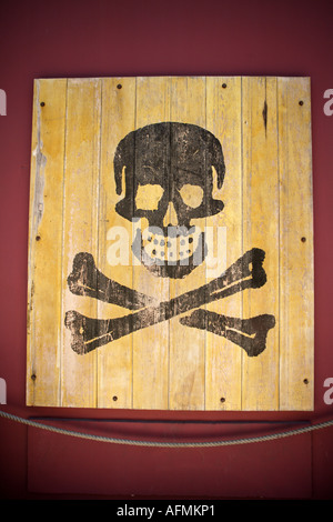 Cranio e logo crossbones fuori i Pirati di Nassau Museum, Nassau, New Providence, Bahamas. Foto Stock