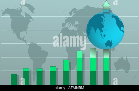 Mondo su un grafico a barre con mappa del mondo in background Foto Stock