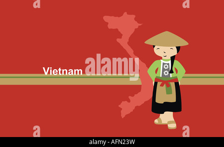 Ragazza in abbigliamento tradizionale vicino a mappa di Vietnam Foto Stock