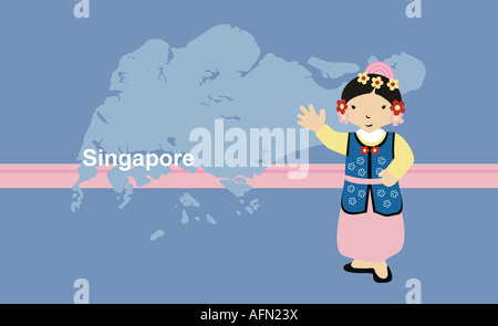 Ragazza in abbigliamento tradizionale vicino a mappa di Singapore Foto Stock