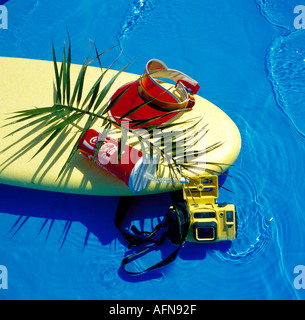 Primo piano di una tavola da surf flottante nella piscina esterna, coppa, sunshed hat, ramoscello di un palmtree e una fotocamera subacquea. Foto di Willy M Foto Stock