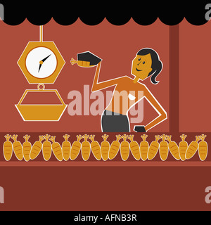 Giovane donna in piedi vicino a una scala di pesatura Foto Stock