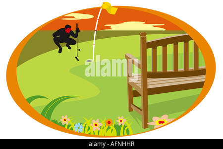 Giovane uomo squatting su un campo da golf Foto Stock