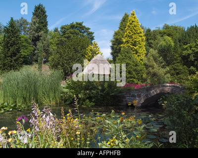 Giardini Botanici di Ness stagno e ponte in giardino di roccia in estate Neston Cheshire England Regno Unito Foto Stock