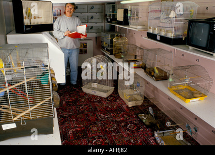 Barry Cross, proprietario dell'hotel Budgie. Controllare la registrazione budgerigar e le cartelle cliniche Scunthorpe Lincolnshire Inghilterra 1994 Regno Unito HOMER SYKES Foto Stock