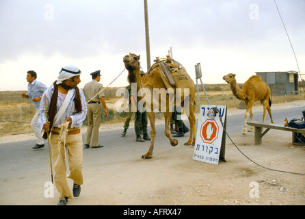 Rafah Palestina Striscia di Gaza 1982. Il nuovo confine che attraversa l'uomo beduino conduce i cammelli attraverso il punto di controllo. HOMER SYKES degli anni '1980 Foto Stock