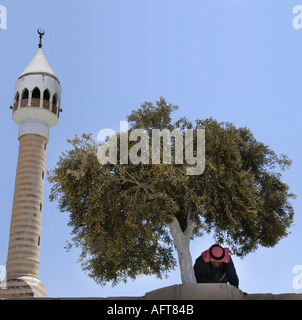 Un uomo musulmano pregando davanti ad una moschea sotto un albero di olivo in direzione della Mecca nella città del sale in Giordania Foto Stock