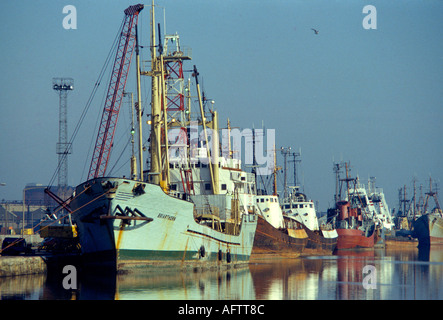 Hull Albert Docks 1980. Industria della pesca, barche da pesca ormeggiate al molo. Humberside, Inghilterra anni '80 UK HOMER SYKES Foto Stock