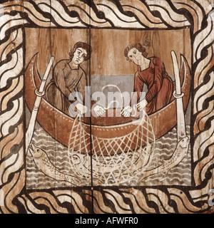 Geografia / viaggi, Svizzera, Grigioni, Zillis, chiese e conventi, Saint Martin, vista interna, soffitto dipinti, dettaglio, pescatori con net, legno dipinto, 1109 - 1114, , Additional-Rights-Clearance-Info-Not-Available Foto Stock