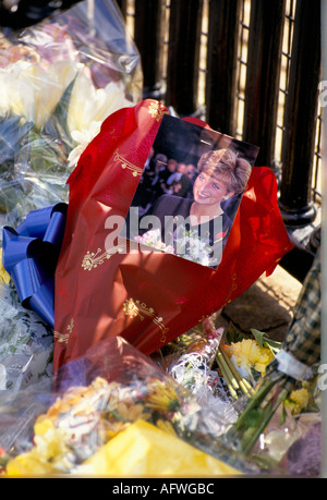 Diana Principessa del Galles la sua morte, fotografa i fiori lasciati come omaggio floreale memoriale settembre 1997 Kensington Palace Londra Regno Unito 990s HOMER SYKES Foto Stock