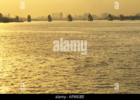 Thames Barrier Open Flood Barrier edificio est London UK . Vista verso il fiume Tamigi verso Canary Wharf. Anni '90 1991 HOMER SYKES Foto Stock