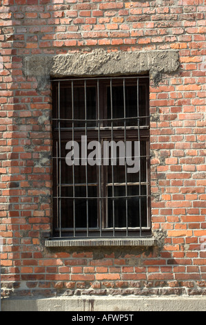 Le inferriate alle finestre di Auschwitz campo di prigionia in Polonia. La Auschwitz Birkenau Museo di Stato di morte Memoriale di Camp in Oświęcim Foto Stock