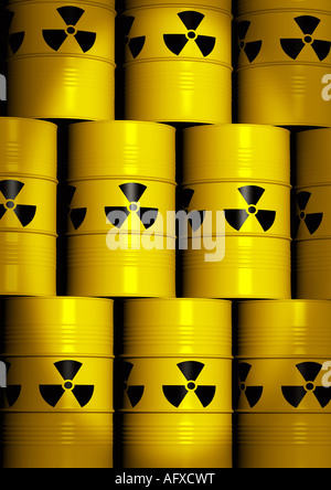 Barili di pile con rifiuti nucleari Fässer mit Atommuell Foto Stock