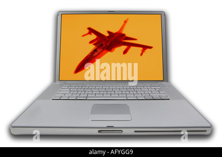 LAP TOP NOTE BOOK PERSONAL COMPUTER con schermo di visualizzazione foto di RED JET Fighter Aircraft Foto Stock