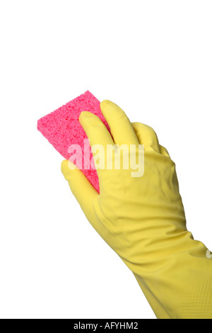 Mano nel guanto di gomma con spugna Foto Stock